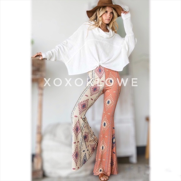 Aztec Print Half & Half Bell Bottom Flares High Waist Slim Fit - Picture 14 of 15
